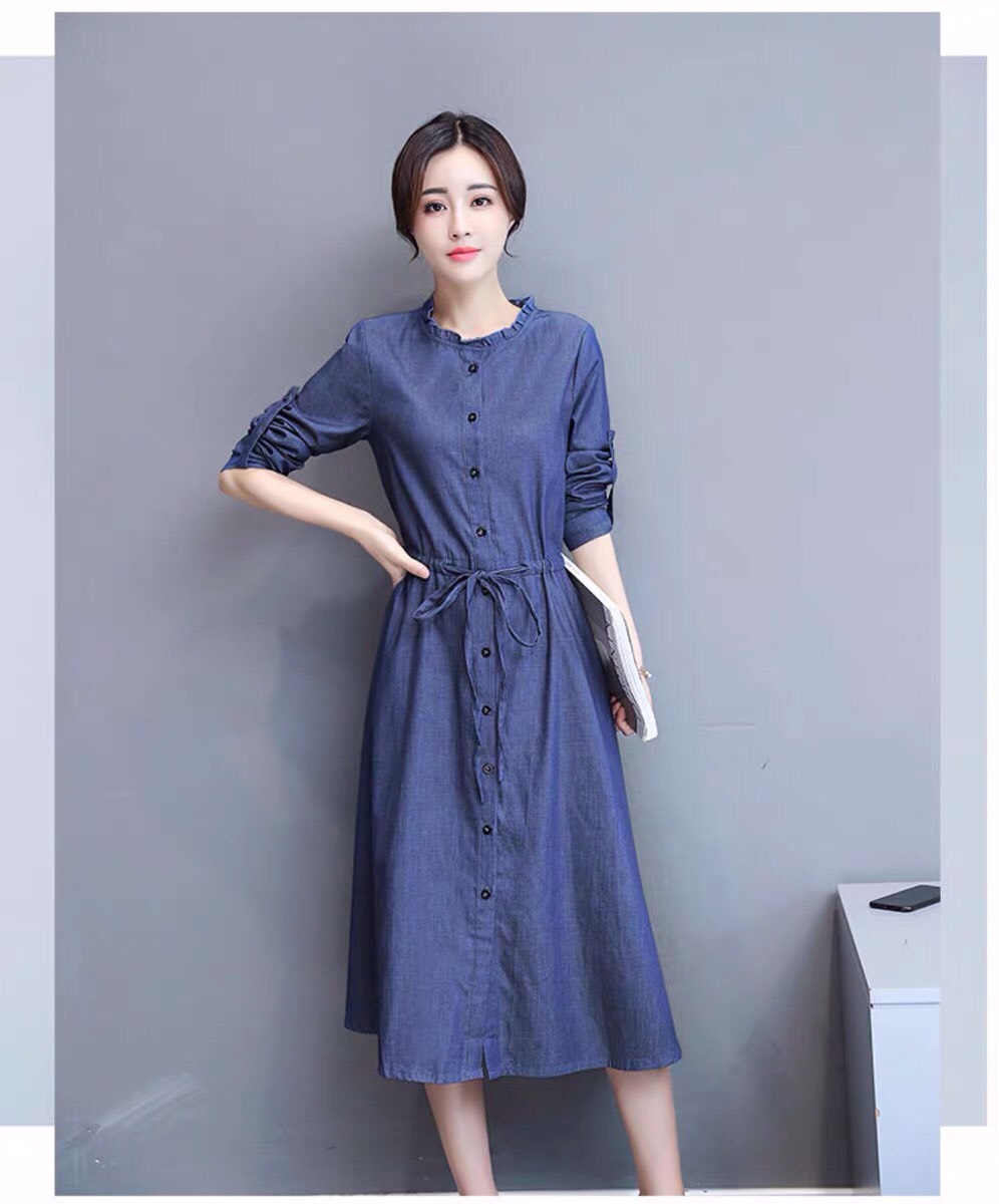 ĐẦM JEAN XÒE TAY DÀI CỔ BÈO TRÒN